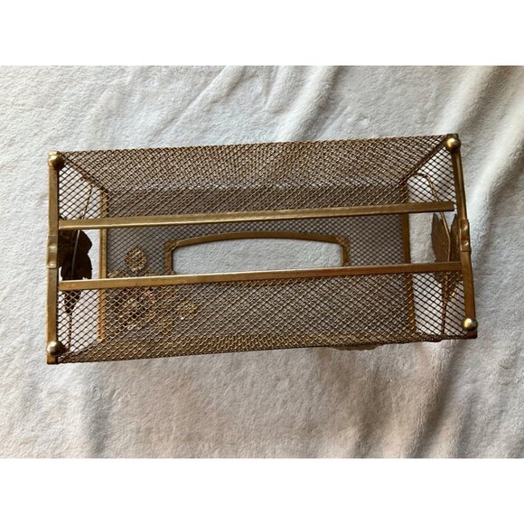 VTG MCM Tissue Box Cover Gold Tone Wire Mesh Hollywood Regency Leaves and Flower - Picture 11 of 12